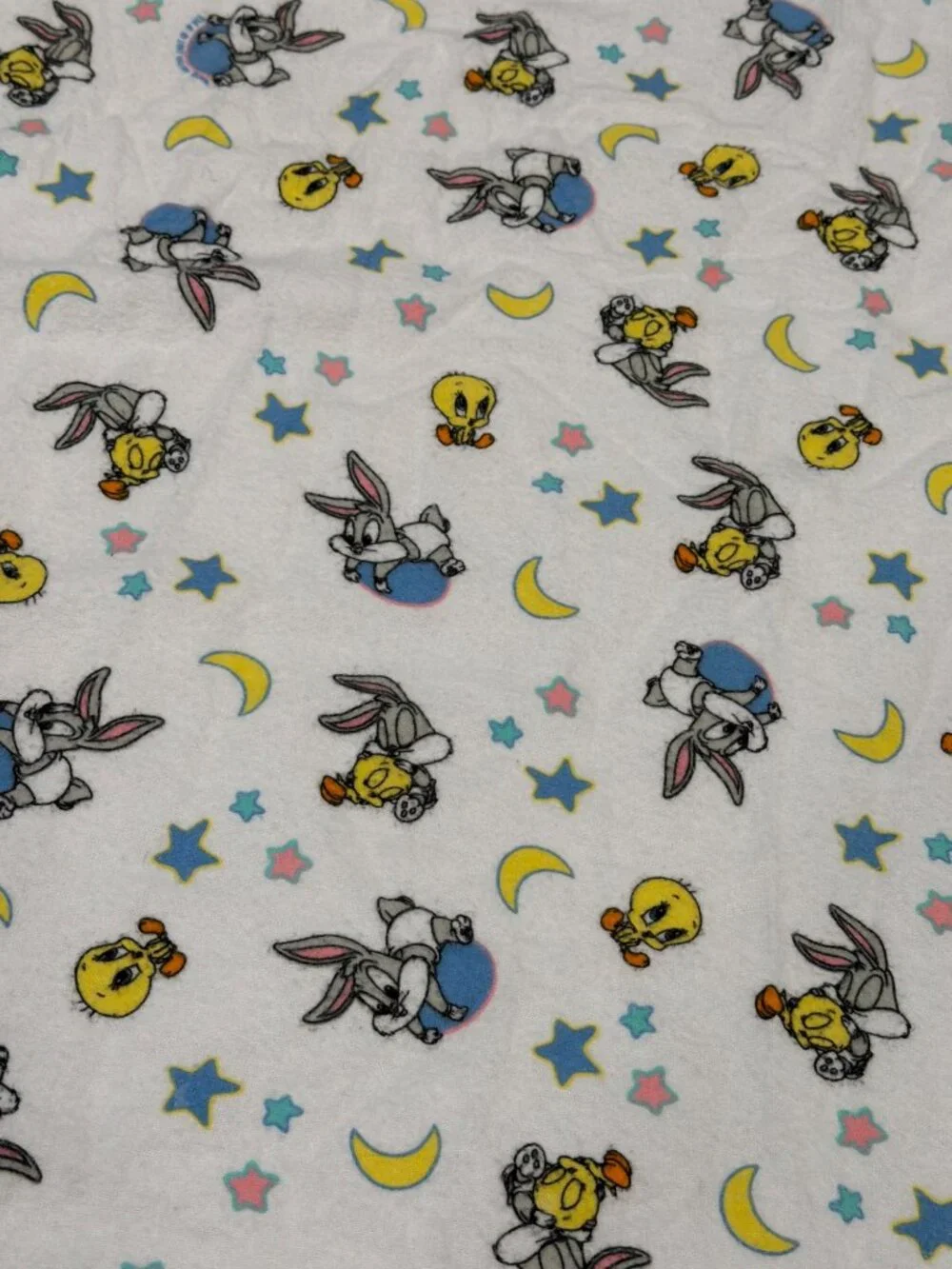 Looney Tunes Vintage Baby Blanket White Fleece Tweety Bugs Bunny Stars Moon